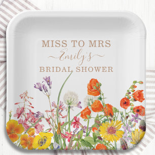Colourful Wild Flowers Miss To Mrs Bridal Shower Paper Plate