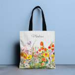 Colourful Wild Flowers Pretty Girly Personalised Tote Bag<br><div class="desc">This chic and stylish design features pretty colourful wild flowers with your personalised name on a white linen background.</div>