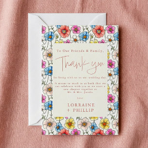 Colourful wild flowers seamless pattern wedding thank you card