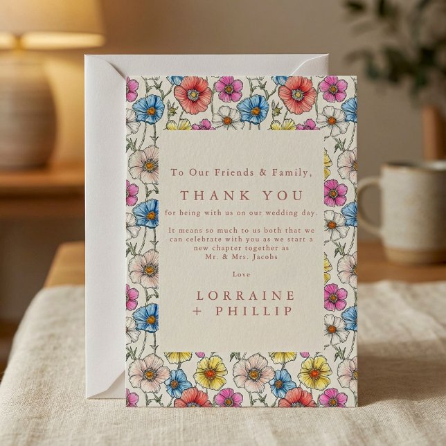 Colourful wild flowers seamless pattern wedding thank you card (Colourful wild flowers seamless pattern wedding thank you card.)