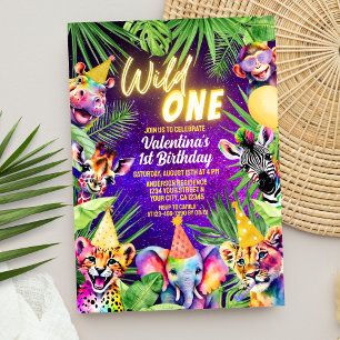 Colourful Wild One Safari Animals 1st Birthday  Invitation