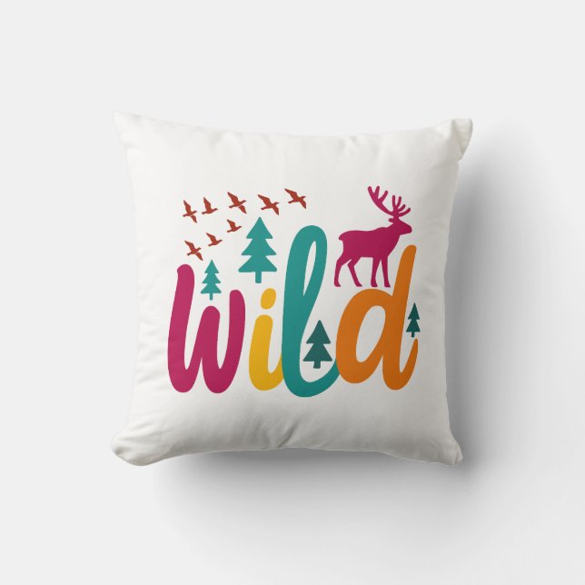  Colourful Wild Print with Forest and Deer Graphic Cushion (Front)