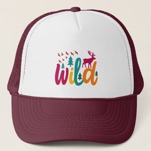  Colourful Wild Print with Forest and Deer Graphic Trucker Hat (Front)