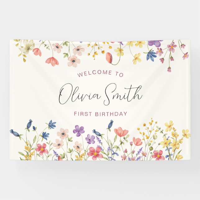 Colourful Wildflower 1st Birthday Party Banner (Horizontal)
