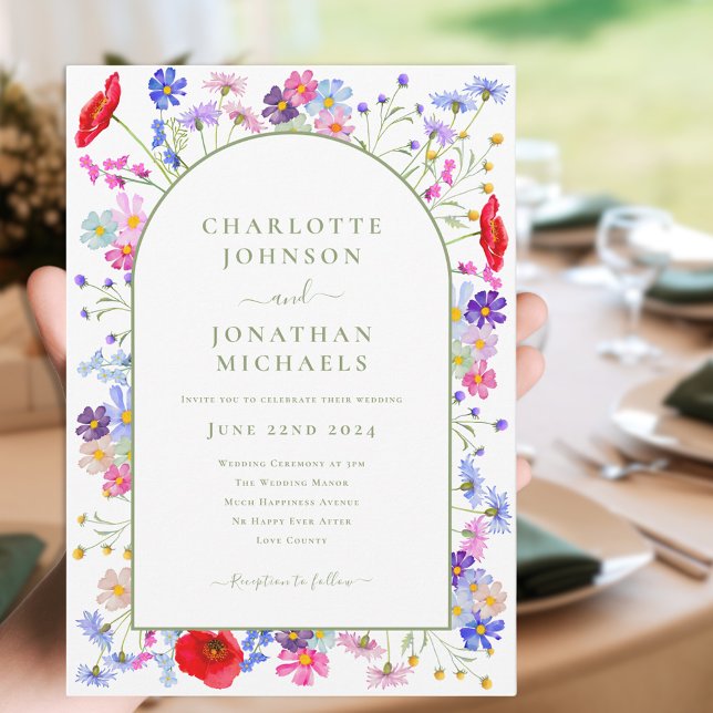 Colourful Wildflower Arch Invitation (Colorful wildflower arch with elegant green typography script wedding invitation )