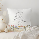 Colourful Wildflower Baby Shower Cushion<br><div class="desc">This colourful wildflower baby shower throw pillow is perfect for your simple, whimsical, boho rainbow summer baby shower. The bright, enchanted pink, yellow, orange, and gold colour florals give this product the feel of a minimalist, elegant, vintage hippie spring garden. The modern design is artsy and delicate, portraying a classic...</div>