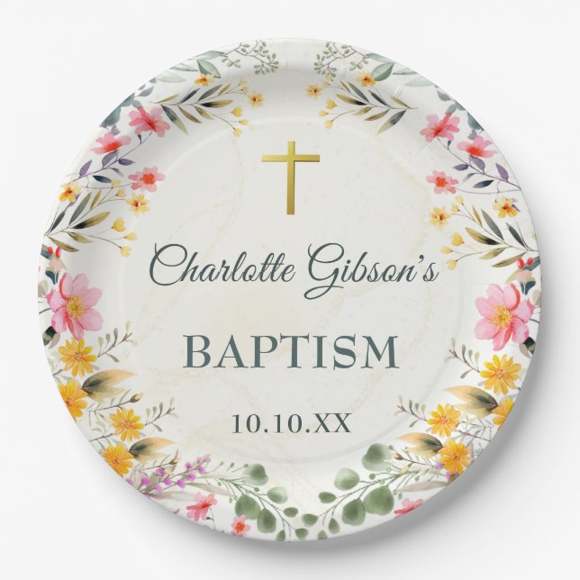 Colourful Wildflower Baptism Paper Plate (Front)