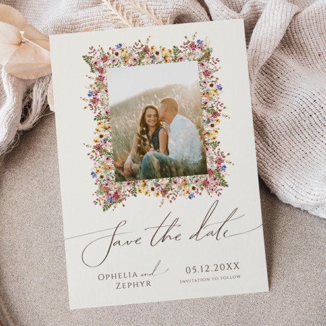 Colourful Wildflower | Beige Meadow Photo Frame Save The Date (Creator Uploaded)