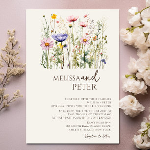 Colourful Wildflower Beige Monogram Photo Wedding  Invitation
