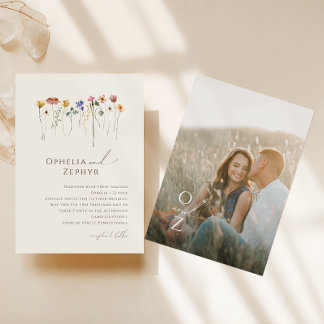 Colourful Wildflower Beige Monogram Photo Wedding  Invitation