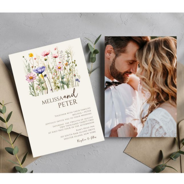 Colourful Wildflower Beige Monogram Photo Wedding  Invitation (Creator Uploaded)