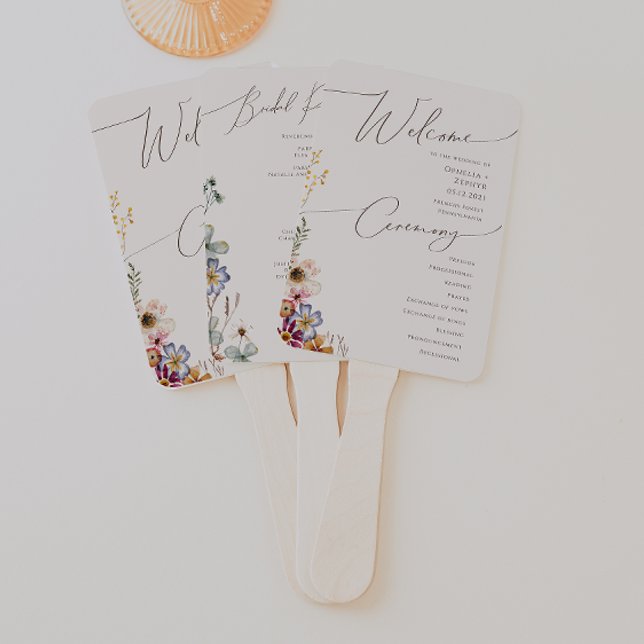 Colourful Wildflower | Beige Wedding Program Hand  Fan (Creator Uploaded)