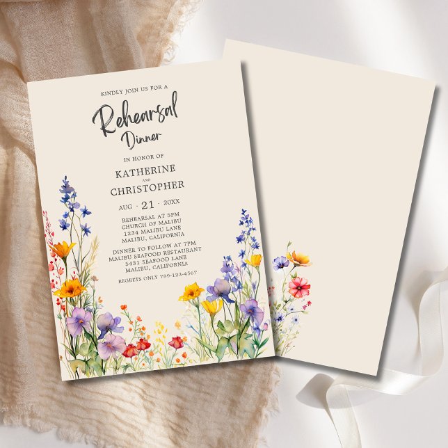 Colourful Wildflower Beige Wedding Rehearsal Dinne Invitation (Colorful Wildflowers Wedding Rehearsal Dinner Invitation with purple, orange, red wildflowers.)