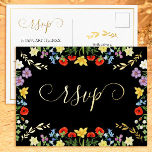 Colourful Wildflower Black and Gold Wedding RSVP Foil Holiday Postcard