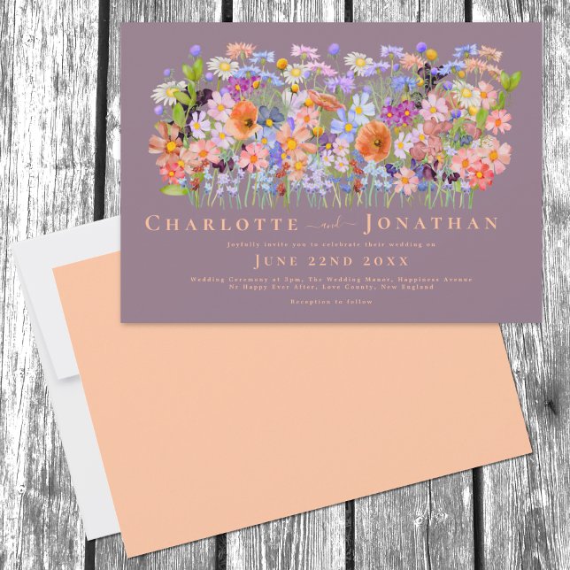 Colourful Wildflower Boho Chic Wedding Invitation (Colorful Wildflower Boho Chic peach Wedding invitation with elegant typography script)