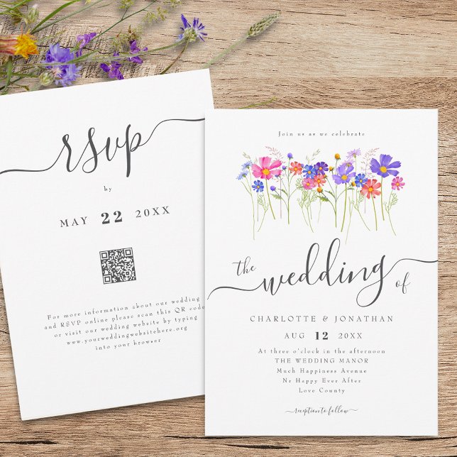 Colourful Wildflower Boho Wedding QR code Invitation (Colorful vibrant wildflower boho wedding qr code invitation Elegant whimsical script meadow flowers)