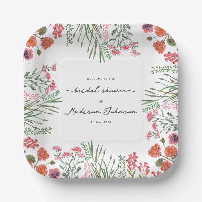 Colourful Wildflower Bridal Shower Invitation Paper Plate (Front)