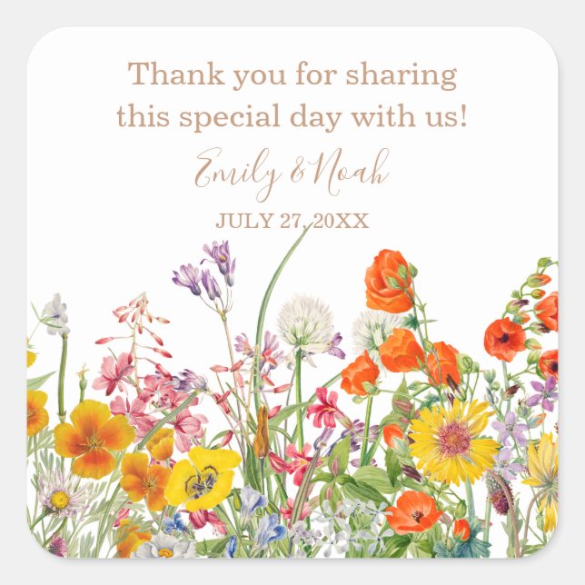 Colourful Wildflower Country Wedding Thank You Square Sticker (Front)
