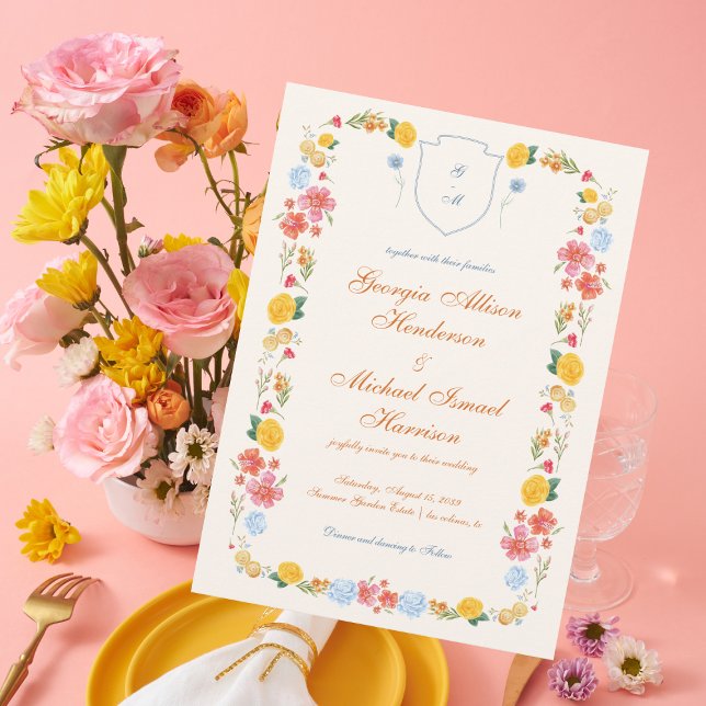 Colourful Wildflower Crest Monogram Wedding Design Invitation (Creator Uploaded)