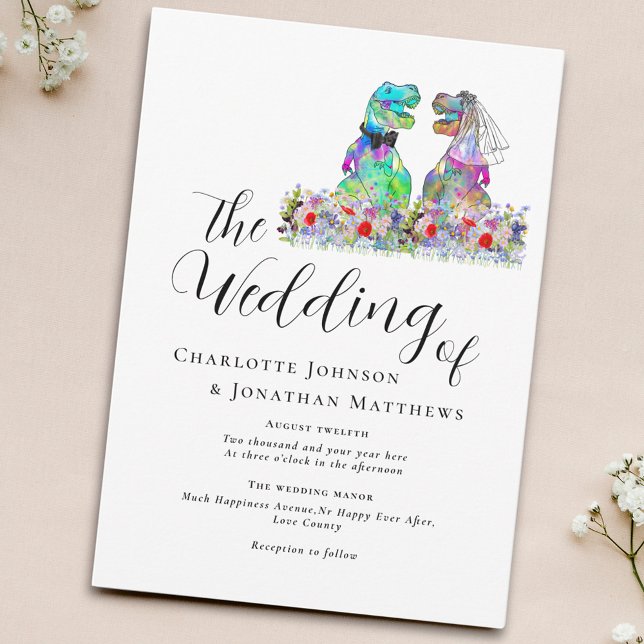 Colourful Wildflower Dinosaur Theme Invitation (Stylish script colorful wildflower dinosaur theme wedding invitation)