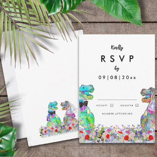Colourful Wildflower Dinosaur Wedding RSVP Card