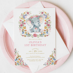 Colourful Wildflower Elephant Girl Birthday Party Invitation