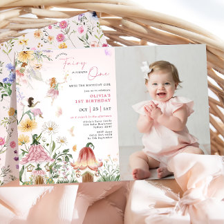 Colourful Wildflower Fairy 1st Birthday Photo Invitation