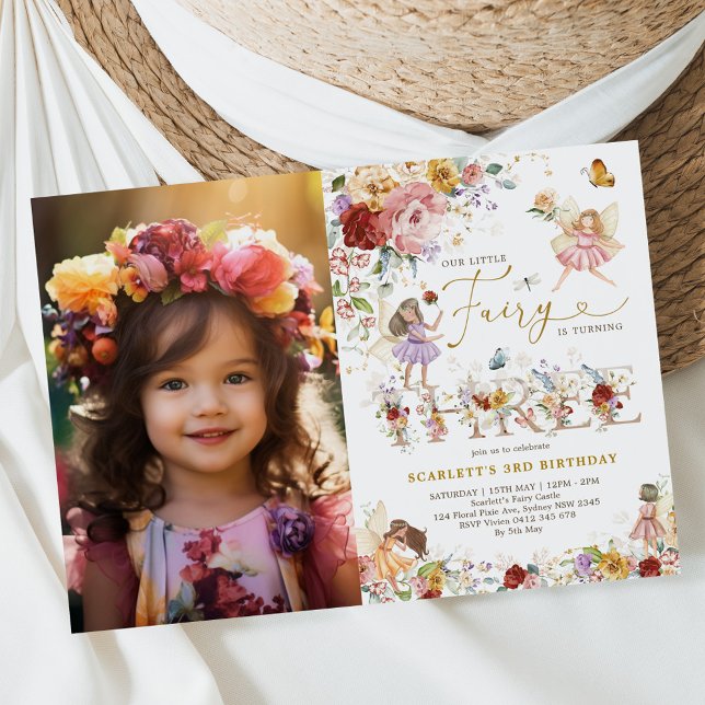 Colourful Wildflower Fairy 3rd Birthday Photo Invitation (Creator Uploaded)