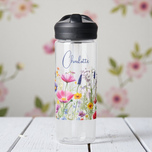 Colourful Wildflower Floral Personalised Name Water Bottle (Creator Uploaded)