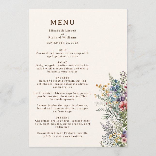 Colourful Wildflower Floral Watercolor Wedding Menu (Front)