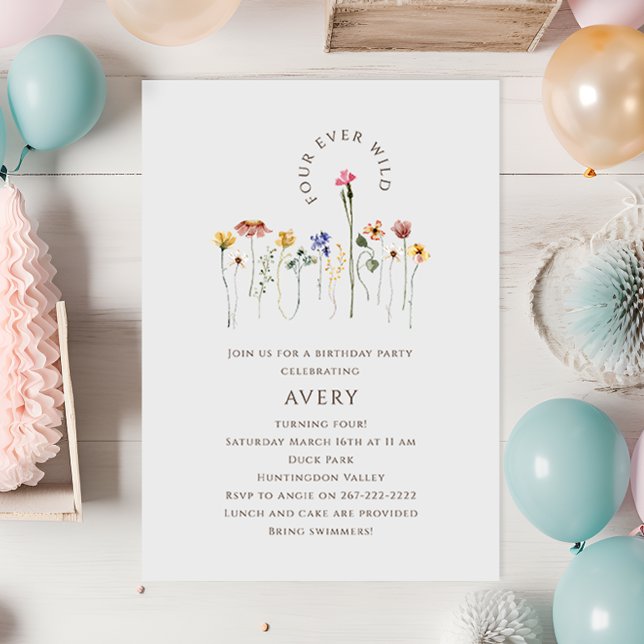 Colourful Wildflower Four Ever Wild Birthday Party Invitation (Creator Uploaded)