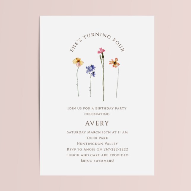 Colourful Wildflower Fourth Birthday Party Invitation (Creator Uploaded)