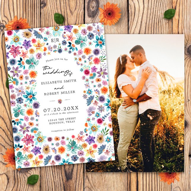 Colourful Wildflower Garden Elegant Wedding Photo Invitation (Front/Back)