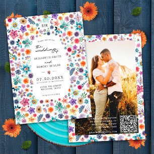 Colourful Wildflower Garden QR Code Wedding Photo Invitation