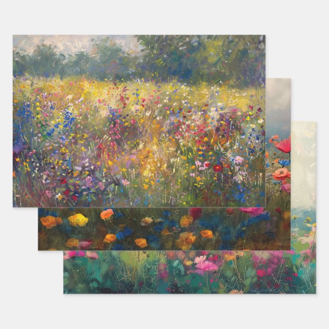 Colourful Wildflower Impressionist Decoupage Wrapping Paper Sheet (Set)