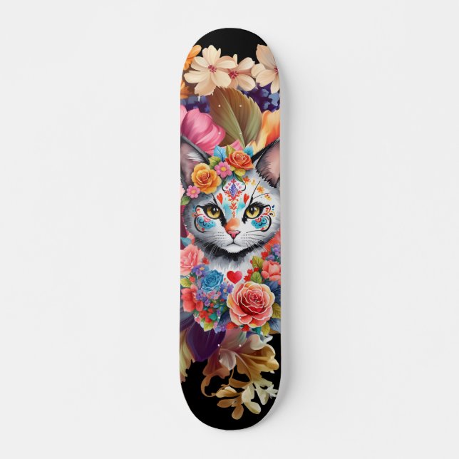 Colourful Wildflower & Kitten Pattern Skateboard  (Front)