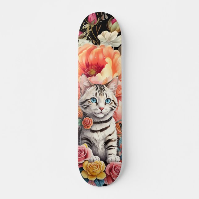 Colourful Wildflower & Kitten Pattern Skateboard  (Front)