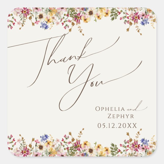 Colourful Wildflower Meadow Beige Wedding Thank Yo Square Sticker (Front)
