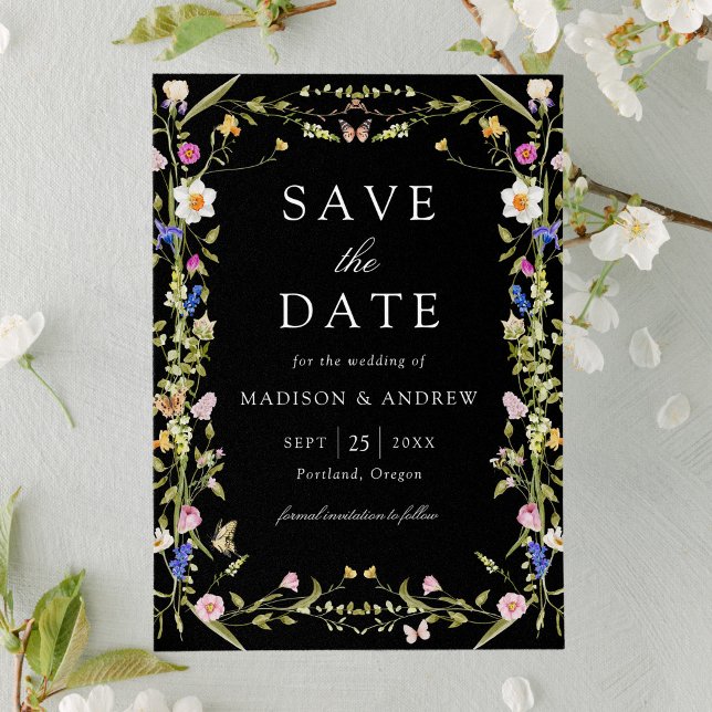 Colourful Wildflower Meadow Black Wedding Save The Date (Creator Uploaded)
