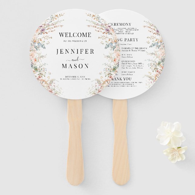 Colourful Wildflower Meadow Flower Wedding Program Hand Fan (Front and Back)