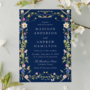 Colourful Wildflower Meadow Navy Wedding Invitation