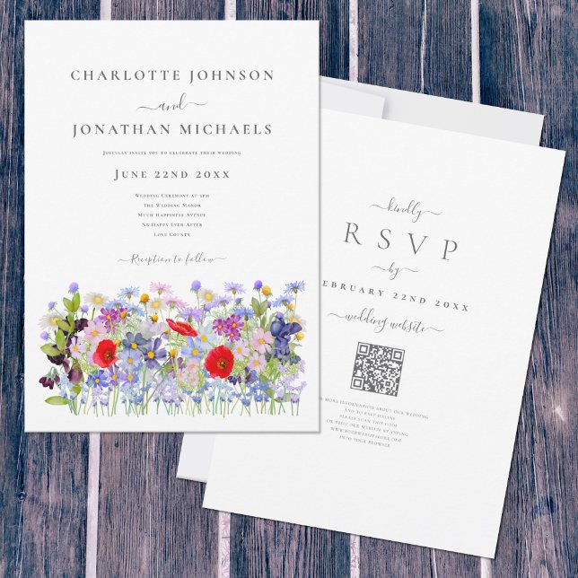 Colourful Wildflower Meadow QR Code Wedding Invitation (Boho Wildflower meadow watercolor wedding invitation with elegant typography script )