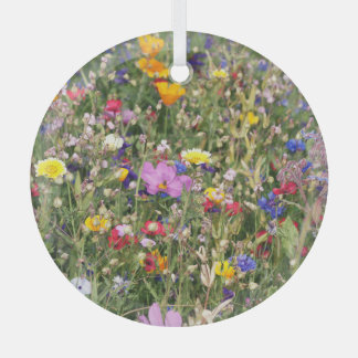 Colourful wildflower meadow, vibrant pattern. glass tree decoration