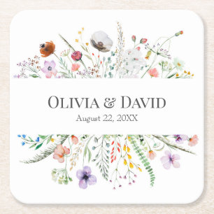 Colourful Wildflower Meadow Wedding Square Coaster