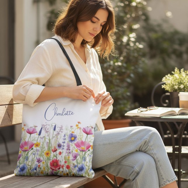 Colourful Wildflower Personalised Name Gift Tote Bag (Creator Uploaded)