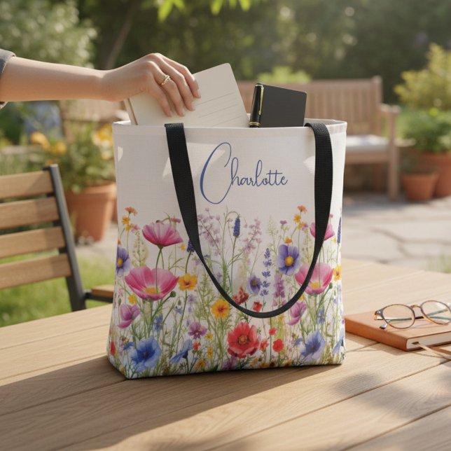 Colourful Wildflower Personalised Name Gift Tote Bag (Creator Uploaded)