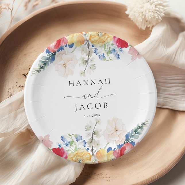 Colourful Wildflower Personalised Wedding Paper Plate (Creator Uploaded)