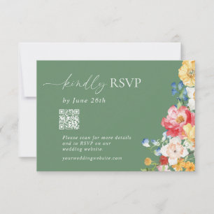 Colourful Wildflower QR Code Sage Green RSVP Invitation