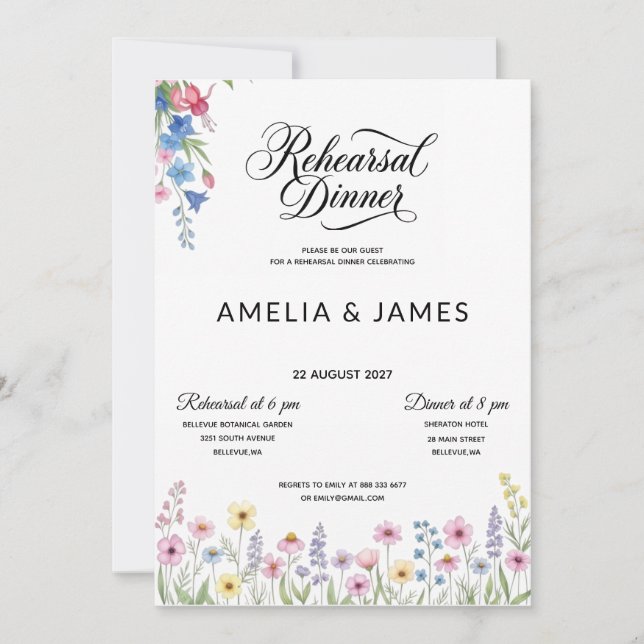 Colourful wildflower rehearsal dinner invitation (Front)