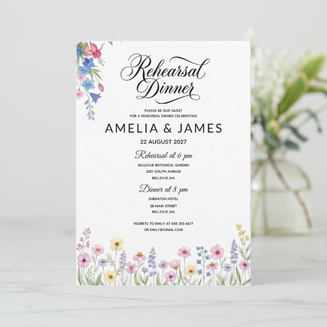 Colourful wildflower rehearsal dinner invitation (Standing Front)